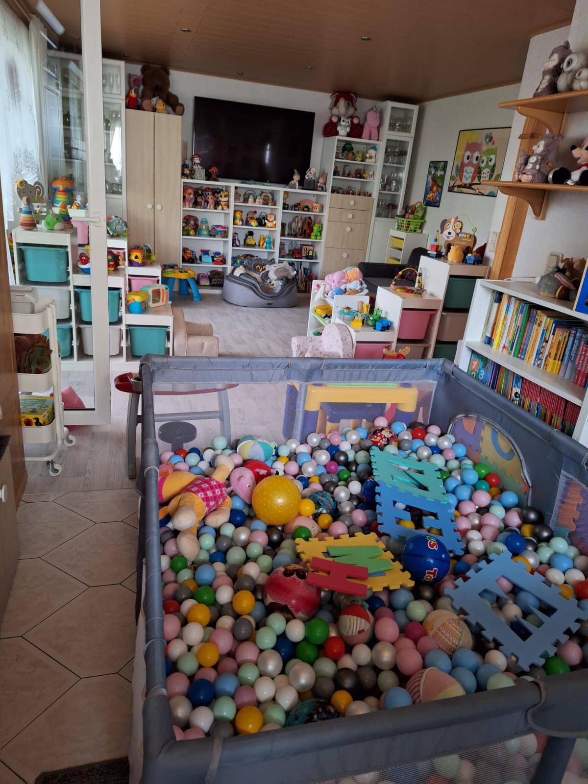Großzügiges, kindgerecht eingerichtetes Spielzimmer mit Spielzeug, Bücherregal und Bällebad
